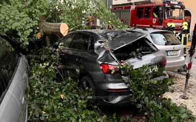 Sturm über Deutschland – Herbstwetter im Sommer verursacht Schäden: tonnenschwerer Ast wird von Sturm abgerissen und krachte auf mehrere Fahrzeuge, Feuerwehr im Einsatz: Hoher Sachschaden an Fahrzeugen, Ast mehrere Tonnen schwer