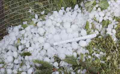 (Hagel, stark) Extremes Hagelunwetter richtet immense Schäden an: Hagel bis 5cm Durchmesser in Massen - Autos demoliert, haufenweise Äste und Blätter auf Straße