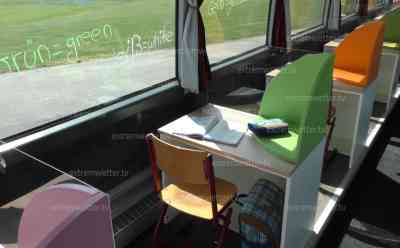 Corona – mobiles Klassenzimmer von Busunternehmen: Reisebus wurde zu mobilem Klassenzimmer umgebaut, anstatt Reisen können Schüler hinter Plexiglasscheiben ihre Schule genießen: Jeder Schüler mit Plexiglasscheibe geschützt, Lehrer wird ebenfalls mit Plexiglasscheibe geschützt, auch Risikogruppen können unterrichtet werden