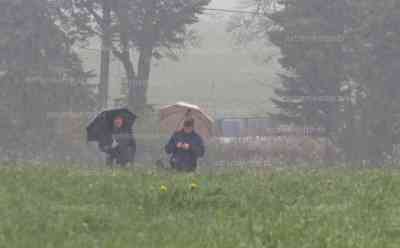 Wetter kaputt? Schneefall mitten im Mai: Schneefall auf bis zu 600 Höhenmeter herab, nur 2 °C auf dem Fichtelberg und dichter Nebel, am Wochenende bis zu 30 °C: Schneetreiben bei Annaberg-Buchholz überrascht Wanderer, Fichtelberg im Nebel, Narzissen und andere Blumen im Nebel
