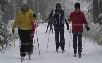 Nach Schneechaos Ansturm auf Loipen: Menschen stürmen Langlaufloipen im Geyrischen Wald, viele Menschen warteten sehnsüchtig auf Winterwetter, Drohnenaufnahmen vom Sonntag: Voxpops Langläufer, Langläufer fällt in Loipe hin, Kleinkind auf Brettern unterwegs
